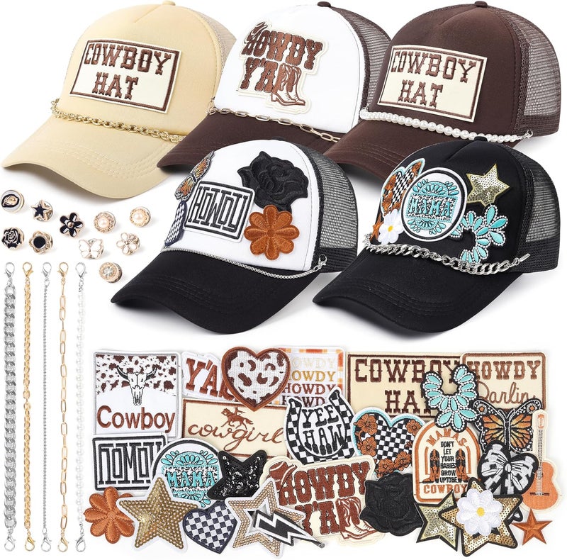 Meneng Western Trucker Hat for Cowboy: Men Women Adjustable Snapback Caps with 8pcs Embroidered Patches and a Chain - Image 1